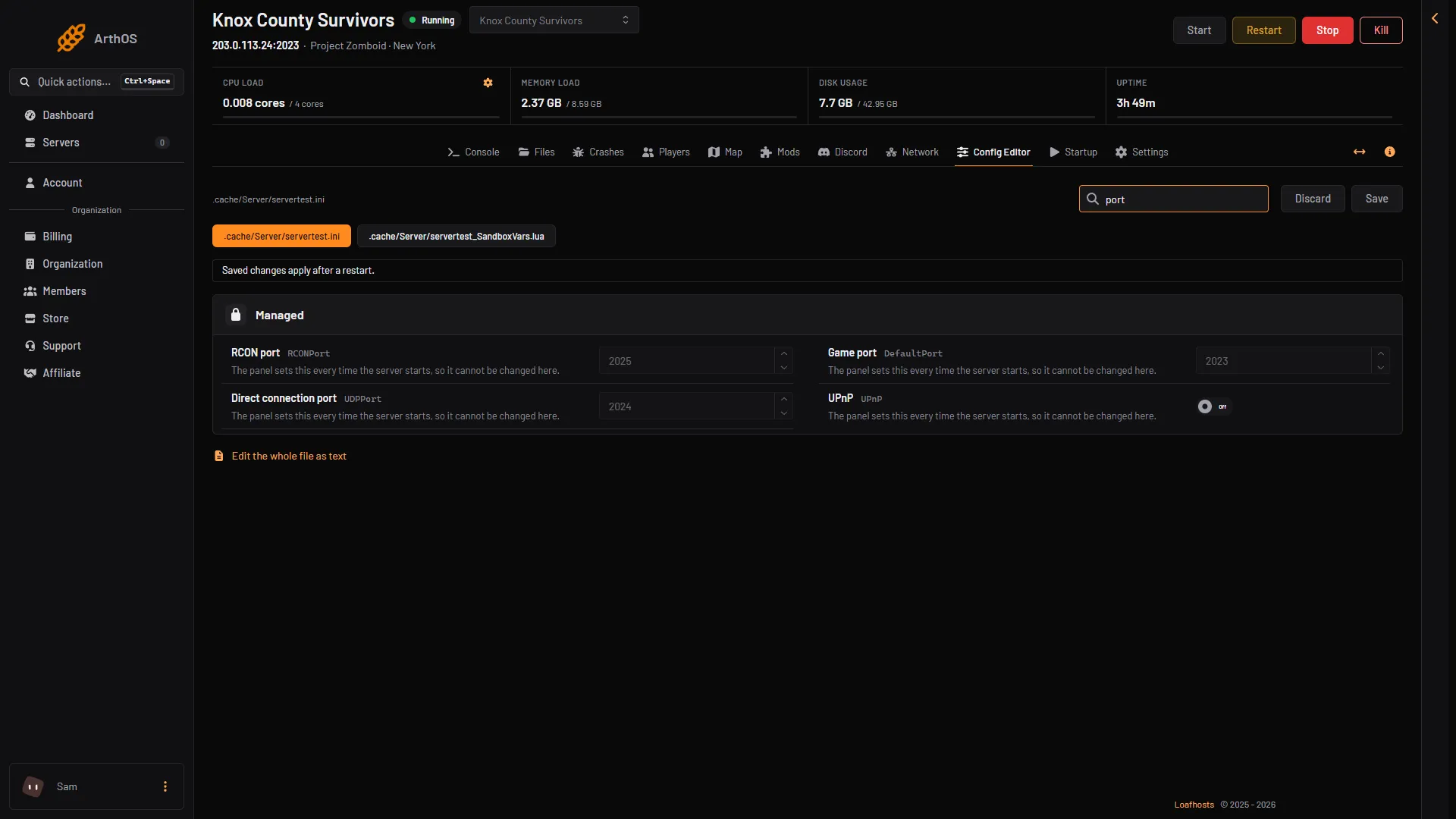 Управляемый панелью параметр RCON в Config Editor