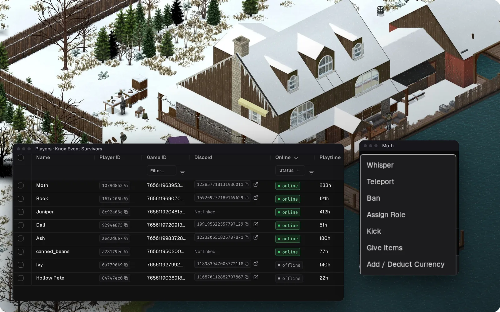 Список игроков Takaro на фоне заснеженного дома Project Zomboid.