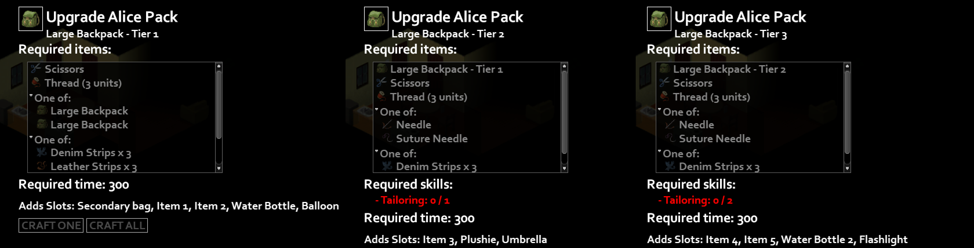 Три уровня улучшения рюкзака Alice Pack в интерфейсе Build 41.