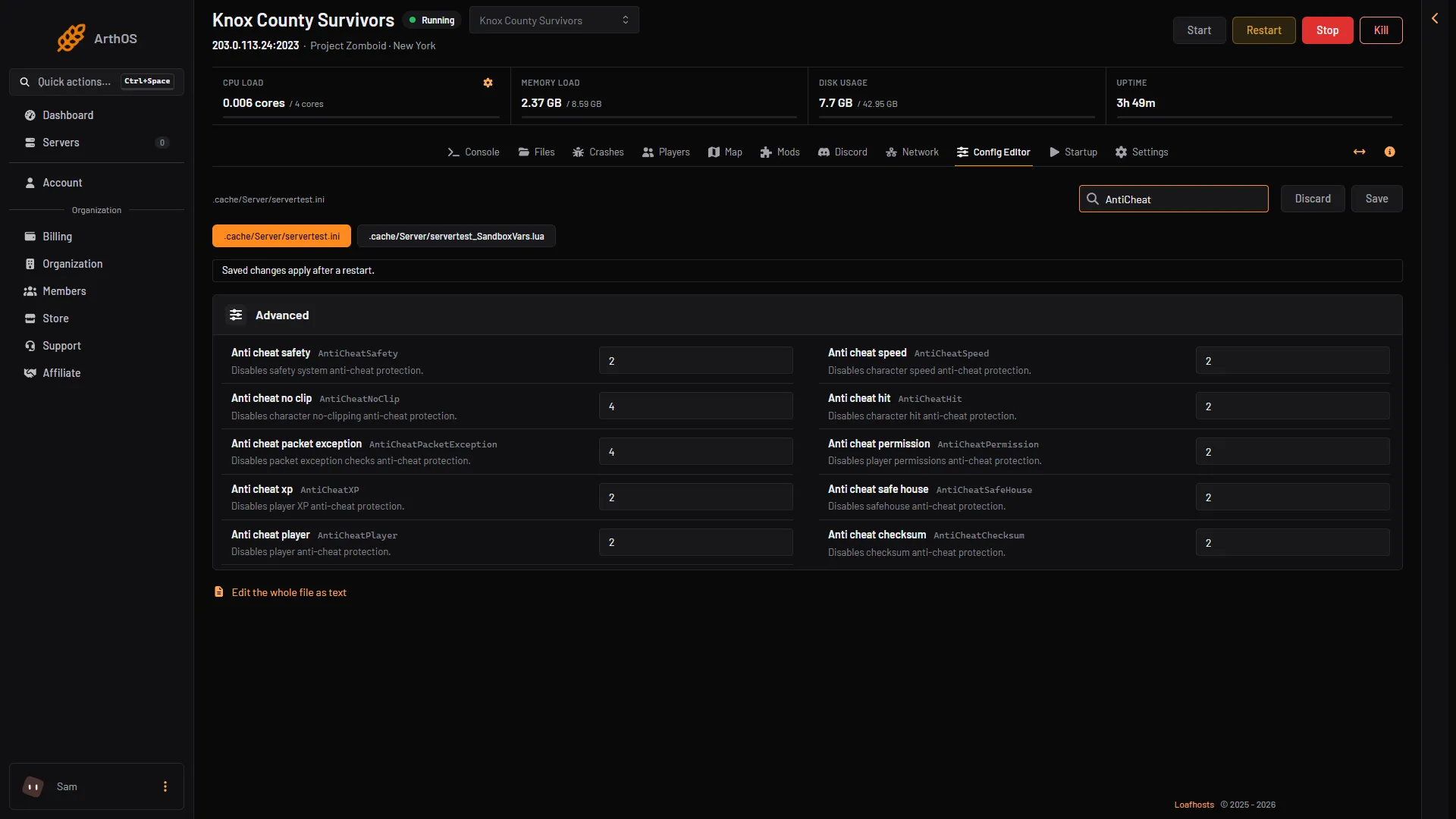 Панель Loafhosts: параметры AntiCheat в Advanced