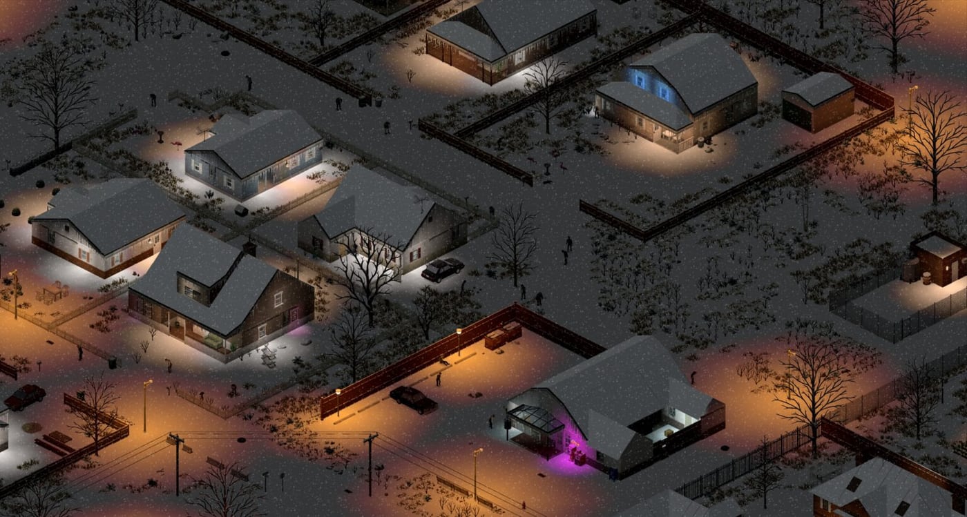 Заснеженный жилой квартал ночью в Project Zomboid