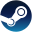 Белый логотип Steam на синем фоне.