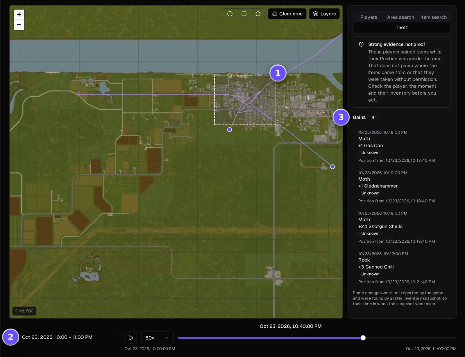 Трекер карты Project Zomboid: область, время и список полученных предметов.