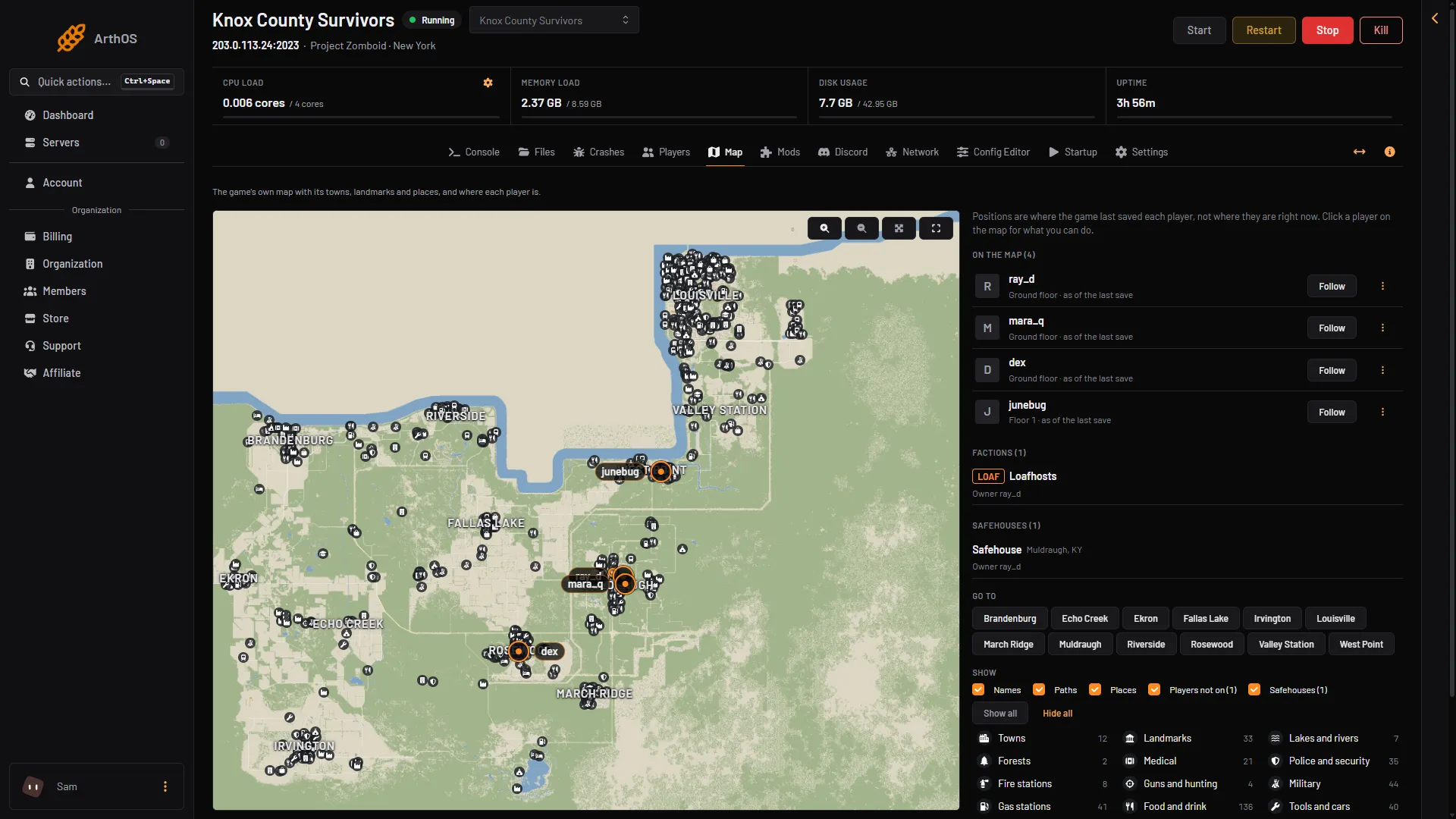 Страница Map Loafhosts со списком фракций