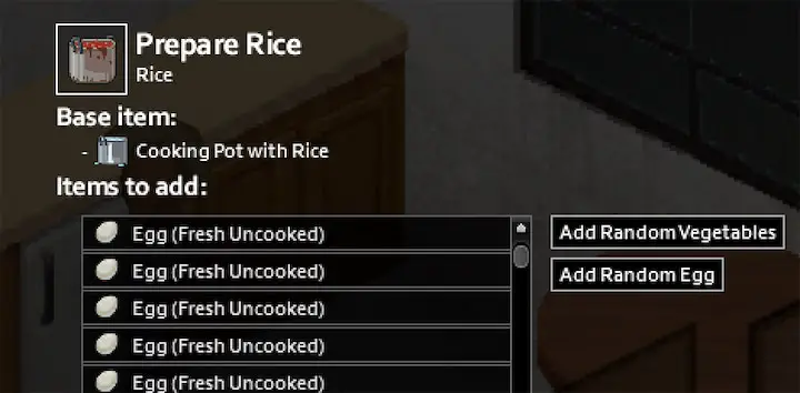 Исторический снимок меню Prepare Rice со строками Egg (Fresh Uncooked)