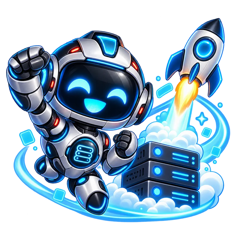 Иллюстрация робота Byte рядом с ракетой и серверной стойкой.