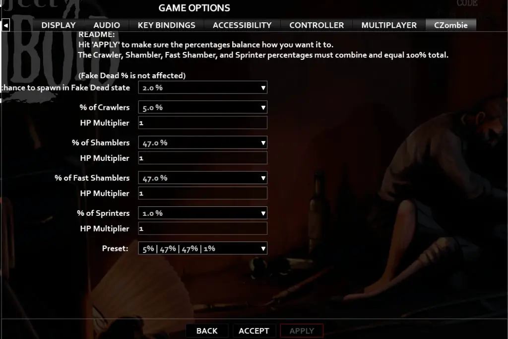 Исторический снимок панели стороннего мода Customizable Zombies.