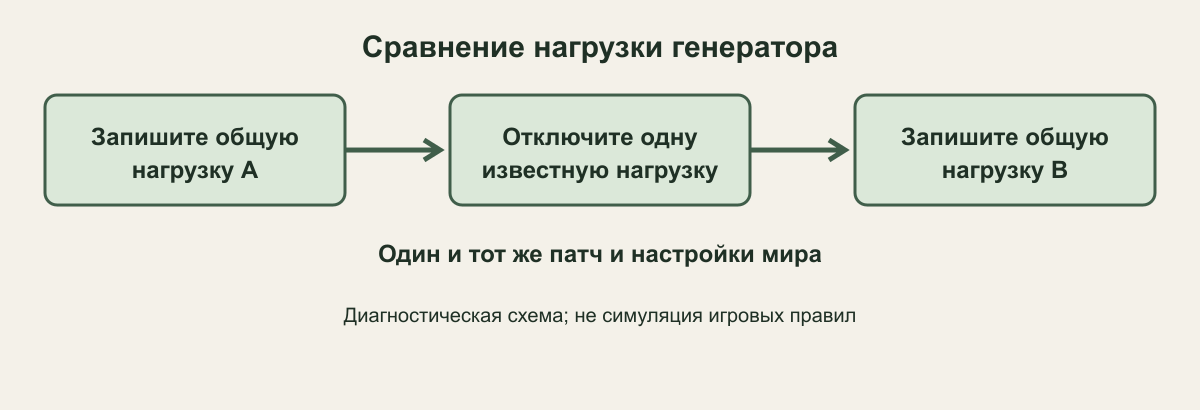 Схема сравнения нагрузки генератора: показатель A, отключение одного прибора и показатель B при неизменных условиях