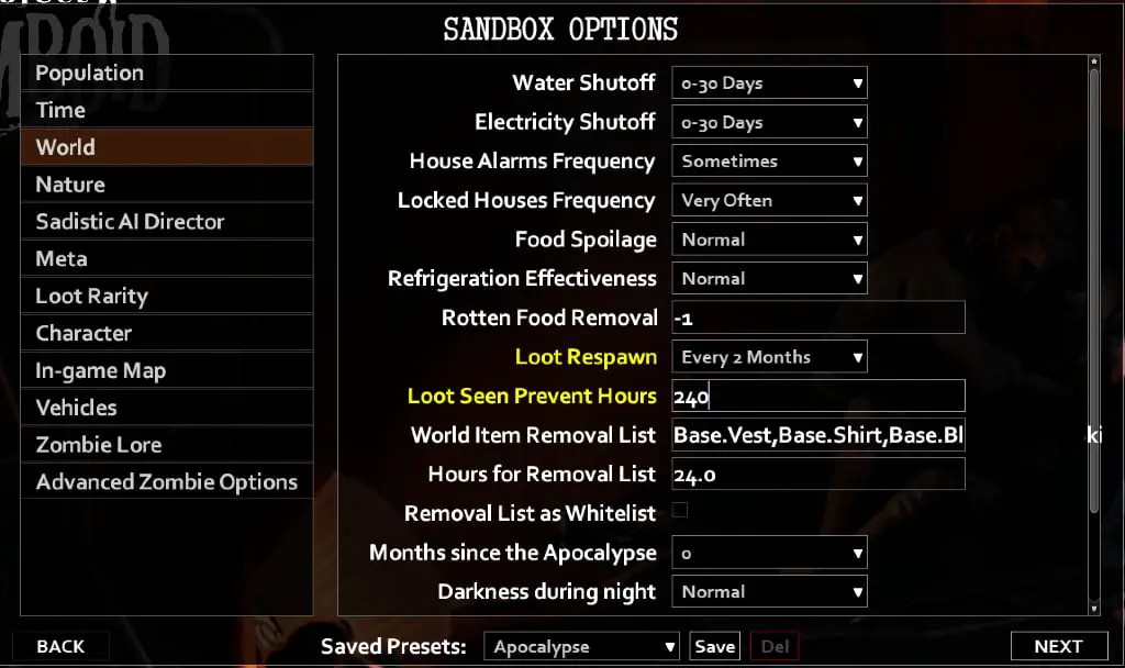 Экран Sandbox Options: выделены Loot Respawn и Loot Seen Prevent Hours.