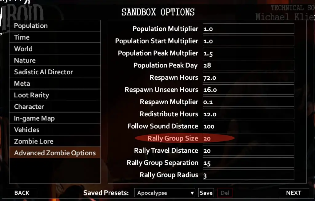 Исторический снимок настройки Rally Group Size в Sandbox.