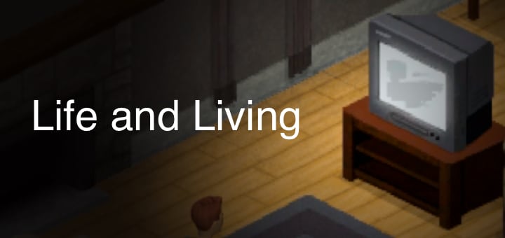 Телевизор на тумбе с надписью Life and Living