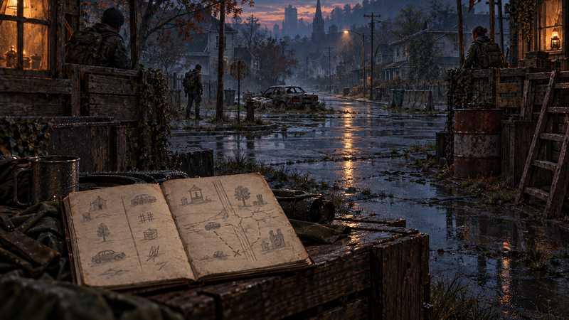 Стилизованная иллюстрация: записная книжка на фоне опустевшей улицы.