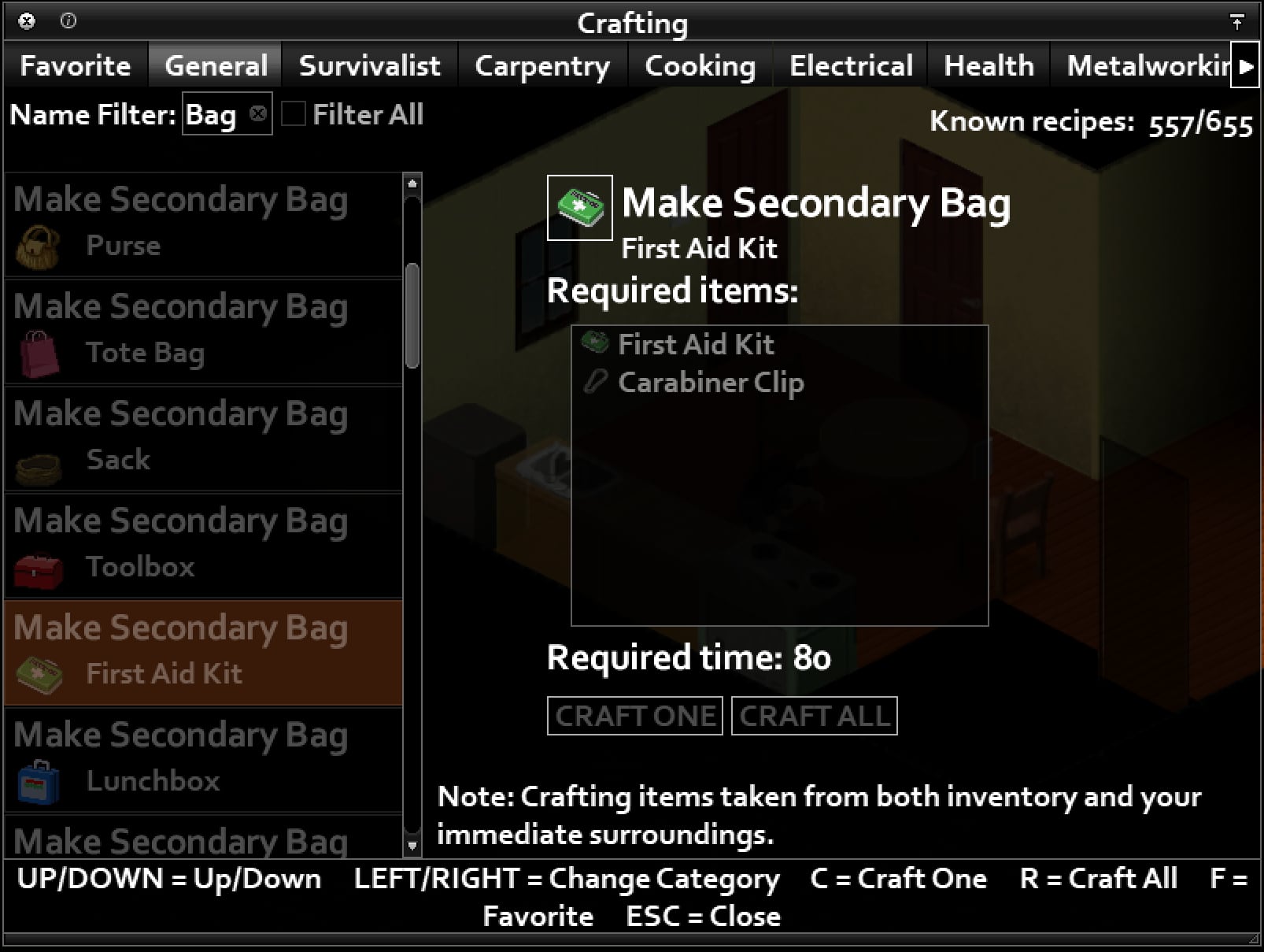 Меню Make Secondary Bag с рецептом для аптечки и клипсы.