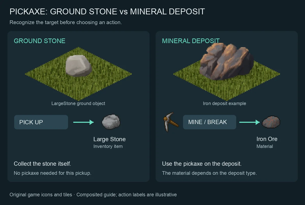 Схема: подбираемый Large Stone и добыча из залежи