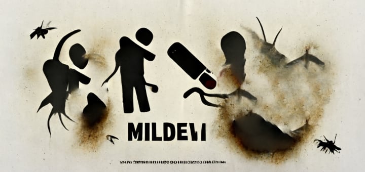Стилизованный баннер о плесени с силуэтами, растением и надписью MILDEW.