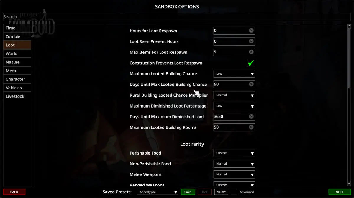 Настройки Loot в песочнице