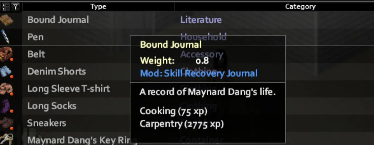Bound Journal из Skill Recovery Journal с записями опыта Cooking и Carpentry.